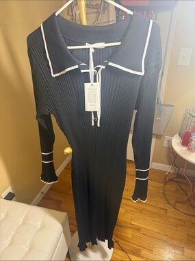 Black Ribbed Knit Long Sleeve Dress with White Trim